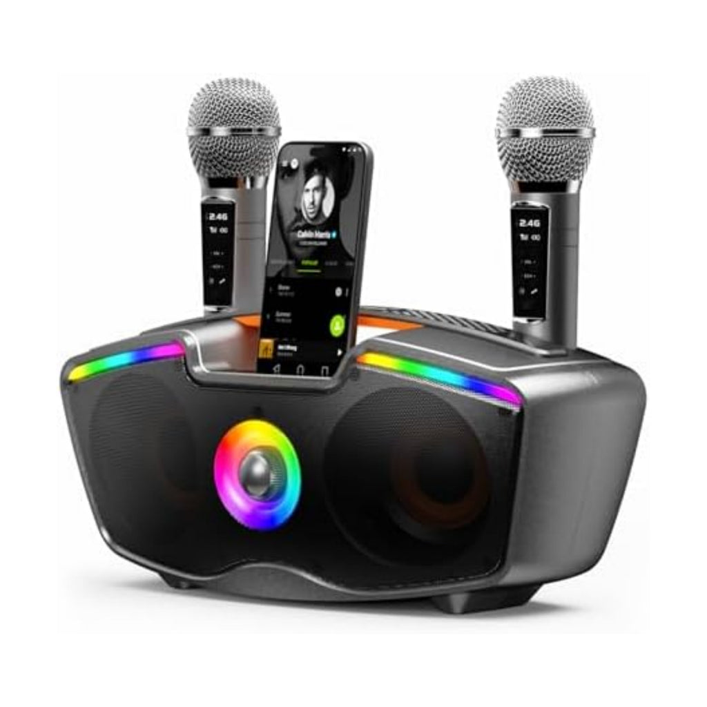 Bluetooth Karaoke Machine for Adults & Kids, 80W Portable Speaker with 2 Wireless Microphones, Echo Adjustment, Support USB/AUX/TF Card, for Outdoor/Indoor Gathering Gifts (Gray)