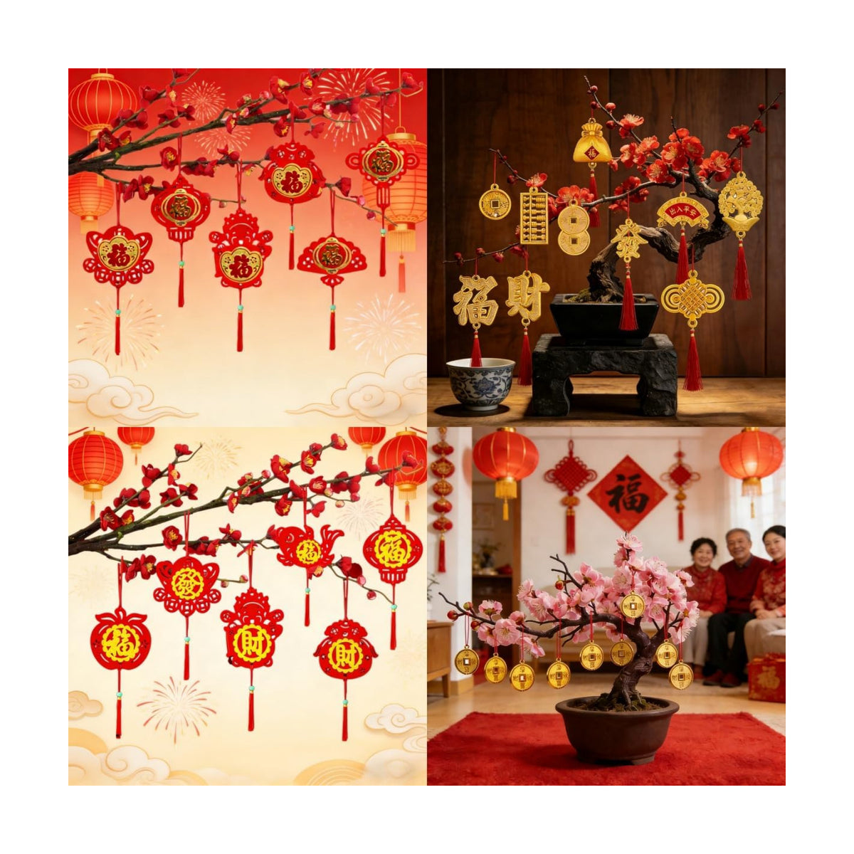 KYMY Chinese New Year Hanging Ornaments Set – 42pcs Red & Gold Lucky Decorations with Coins, Fu Charms & Lanterns, 2026 Zodiac Horse Year Spring Festival Pendants for Tree, Branch & Home Decor