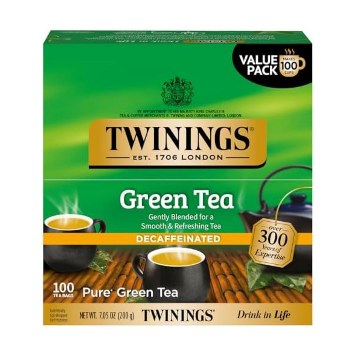 Twinings Decaffeinated Green Tea Individually Wrapped Bags, 100 Count (Pack of 1), Smooth Flavour, Enticing Aroma, Enjoy Hot or Iced, 100 Teabags