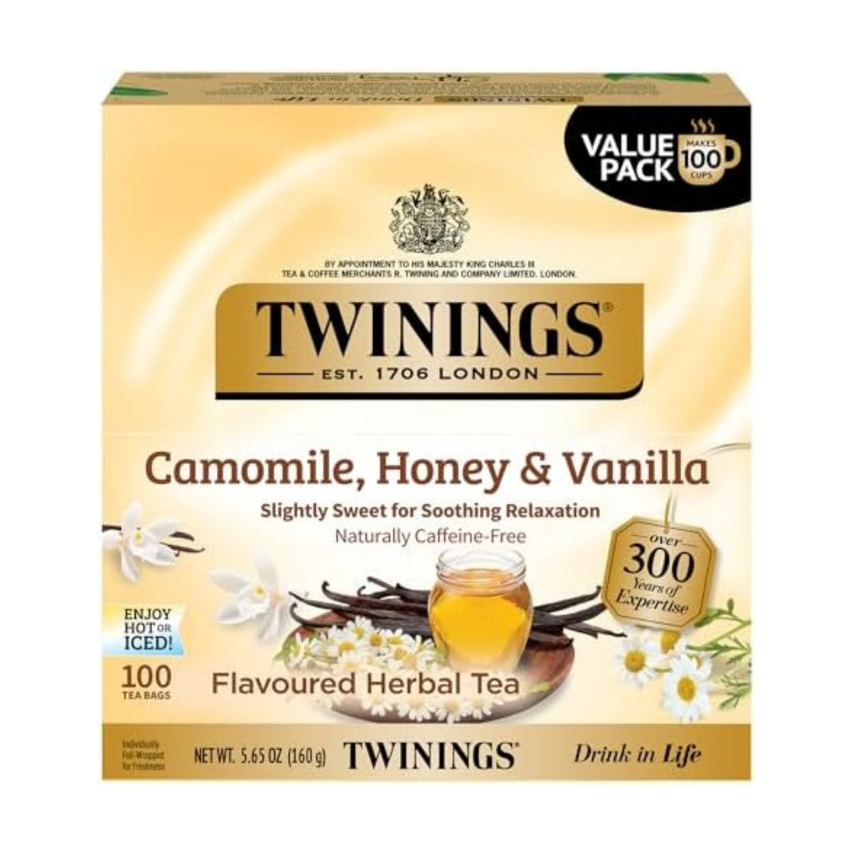 Twinings Camomile, Honey & Vanilla Herbal Tea Individually Wrapped Bags, 100 Count (Pack of 1), Naturally Caffeine-Free, Enjoy Hot or Iced, 100 Teabags