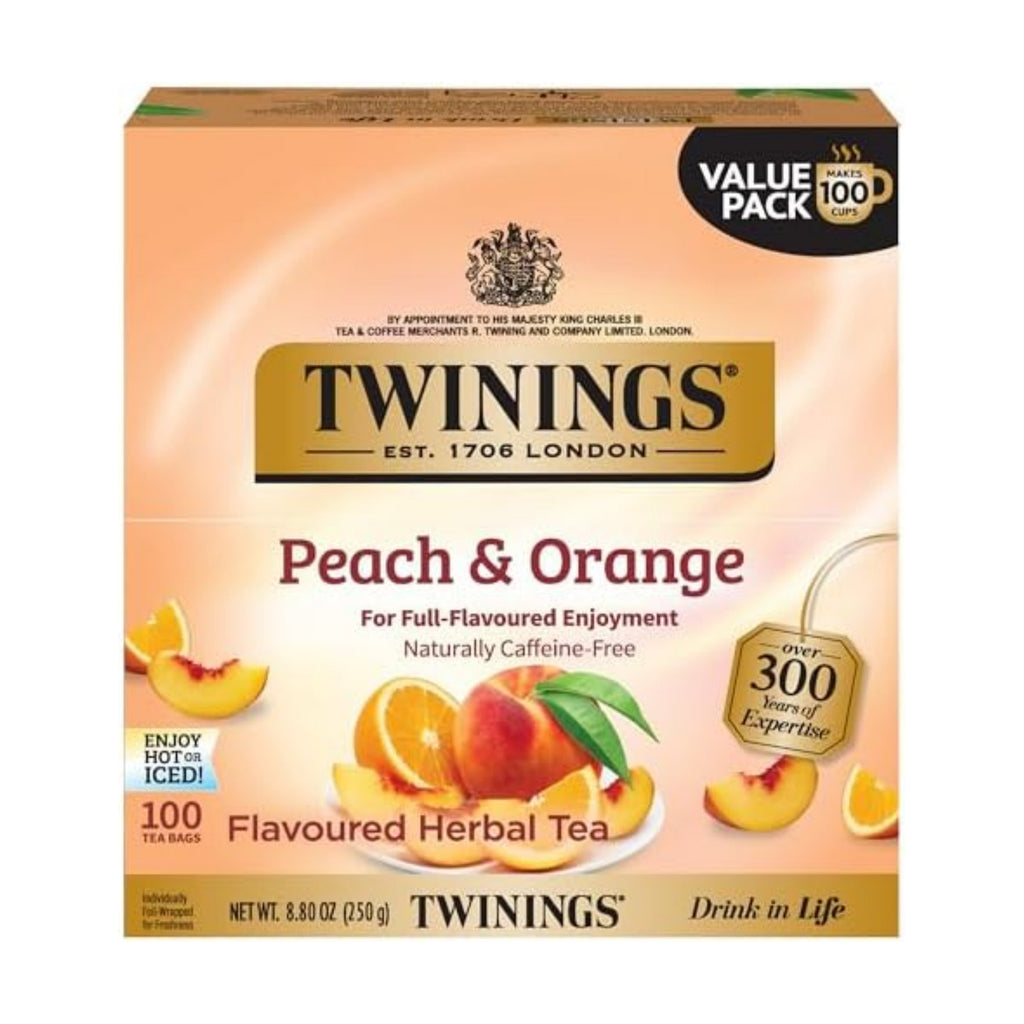 Twinings Peach & Orange Herbal Tea Individually Wrapped Bags, 100 Count (Pack of 1), Juicy & Fruity, Naturally Caffeine-Free, Enjoy Hot or Iced, 100 Teabags