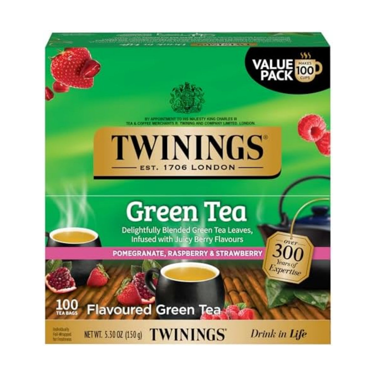 Twinings Green Tea with Pomegranate, Raspberry, & Strawberry Individually Wrapped Bags, 100 Count (Pack of 1), Caffeinated, Enjoy Hot or Iced, 100 Teabags
