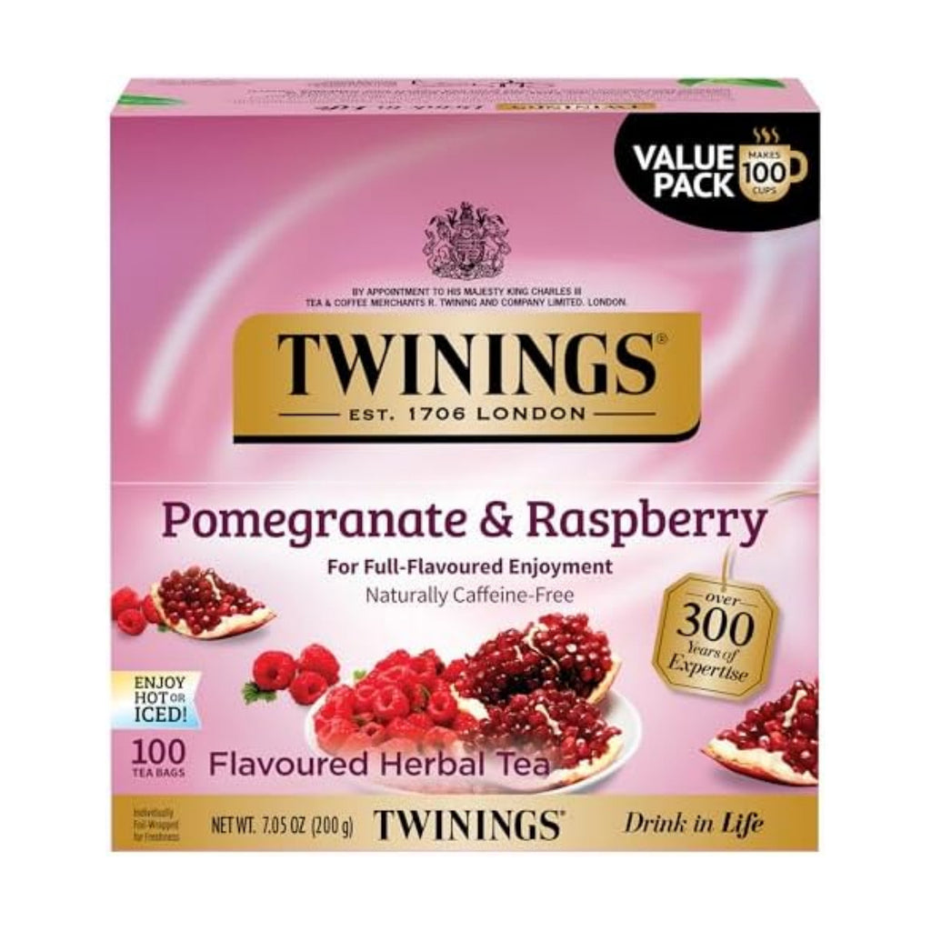 Twinings Pomegranate & Raspberry Herbal Tea Individually Wrapped Bags, 100 Count (Pack of 1), Naturally Caffeine-Free, Enjoy Hot or Iced, 100 Teabags