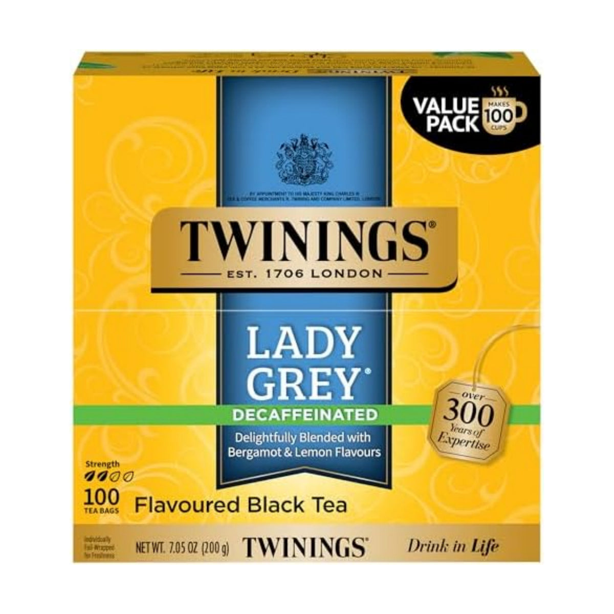 Twinings Decaffeinated Lady Grey Black Tea Individually Wrapped Bags, 100 Count (Pack of 1), Orange Peel & Lemon Peel, Fresh and Uplifting, Caffeinated, Enjoy Hot or Iced, 100 Teabags