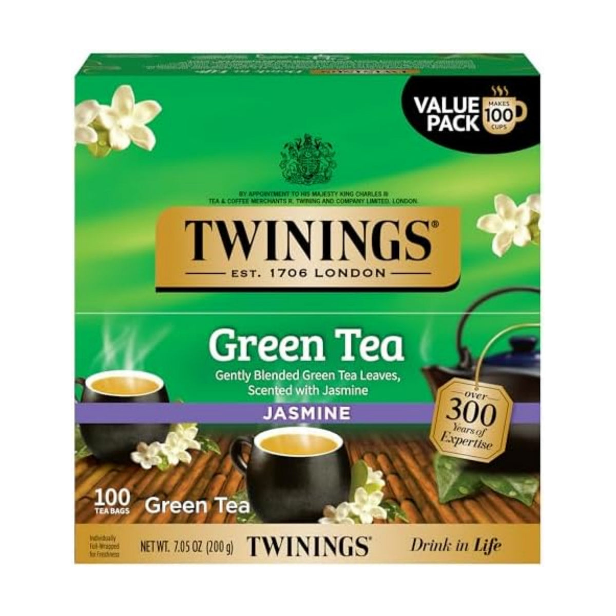 Twinings Green Tea with Jasmine, Caffeinated, Tea Bags, 100 CT Box (1 Pack)