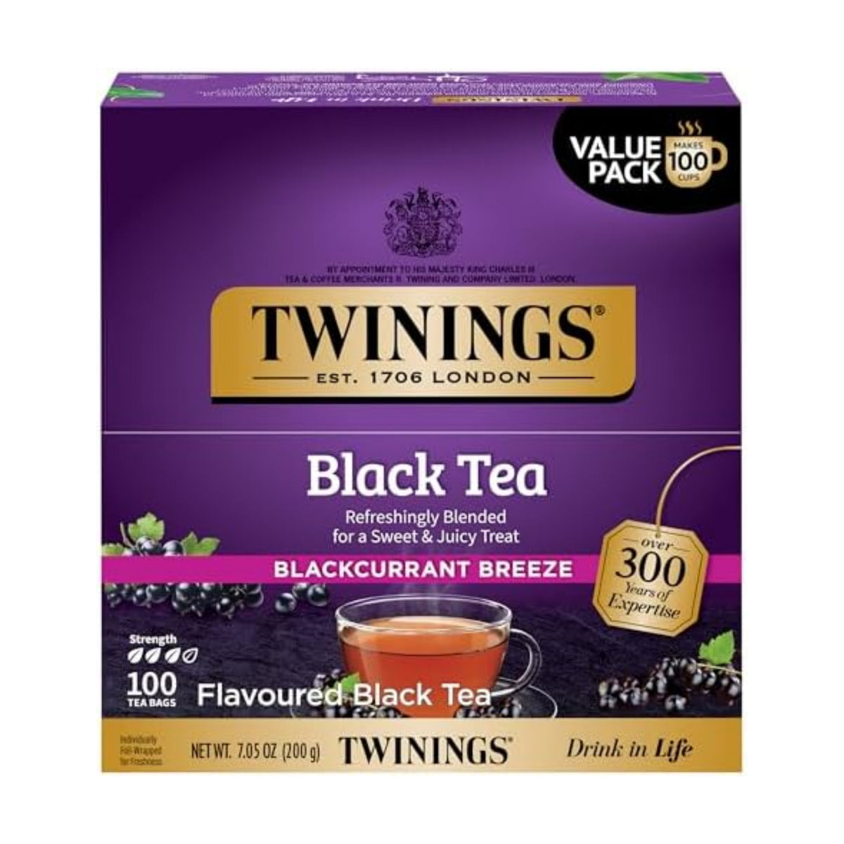 Twinings Blackcurrant Breeze Black Tea Individually Wrapped Bags, 100 Count (Pack of 1), Sweet, Tangy Taste, Caffeinated, Enjoy Hot or Iced, 100 Teabags