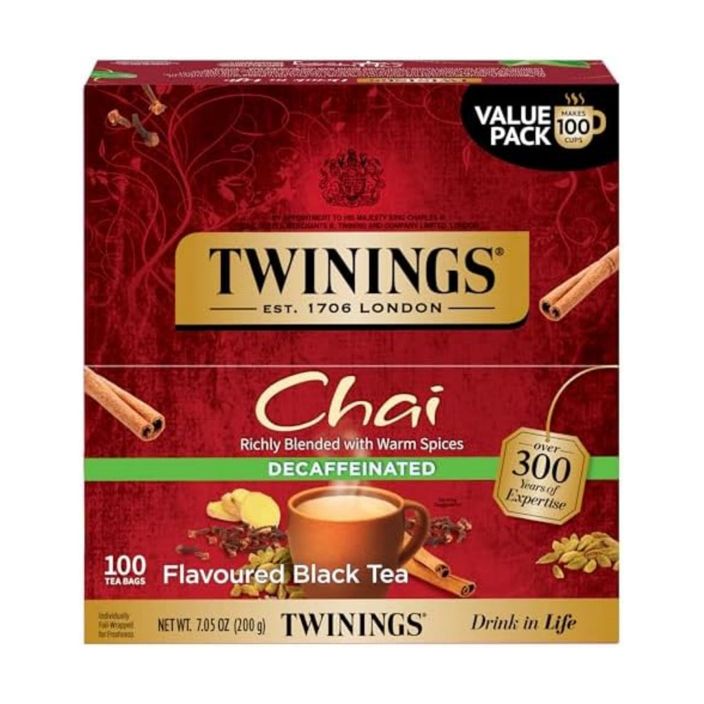 Twinings Decaffeinated Chai Individually Wrapped Bags, 100 Count (Pack of 1), Sweet, Savoury Spices, Enjoy Hot or Iced, 100 Teabags