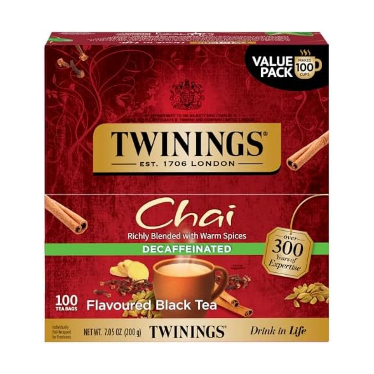 Twinings Decaffeinated Chai Individually Wrapped Bags, 100 Count (Pack of 1), Sweet, Savoury Spices, Enjoy Hot or Iced, 100 Teabags