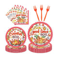 EUOYUFO 96Pcs Crawfish Boil Party Supplies Tableware Set Let The Good Times Boil Paper Plates Napkins Forks Lobster Seafood Boil Birthday Theme Party Supplies Serve 24 Guests