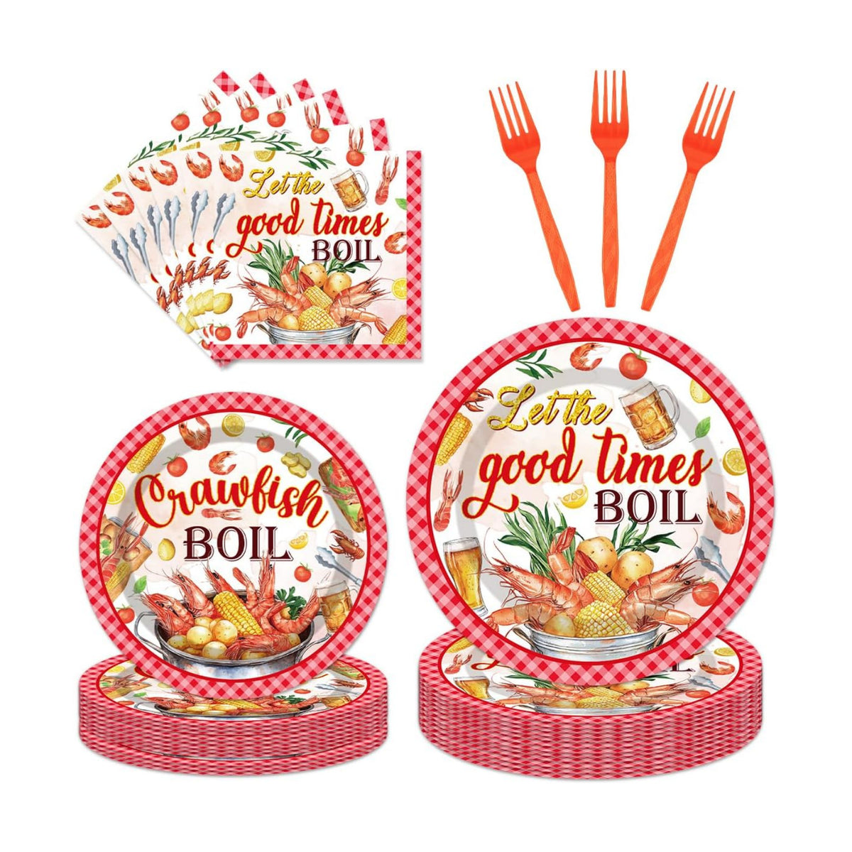 EUOYUFO 96Pcs Crawfish Boil Party Supplies Tableware Set Let The Good Times Boil Paper Plates Napkins Forks Lobster Seafood Boil Birthday Theme Party Supplies Serve 24 Guests