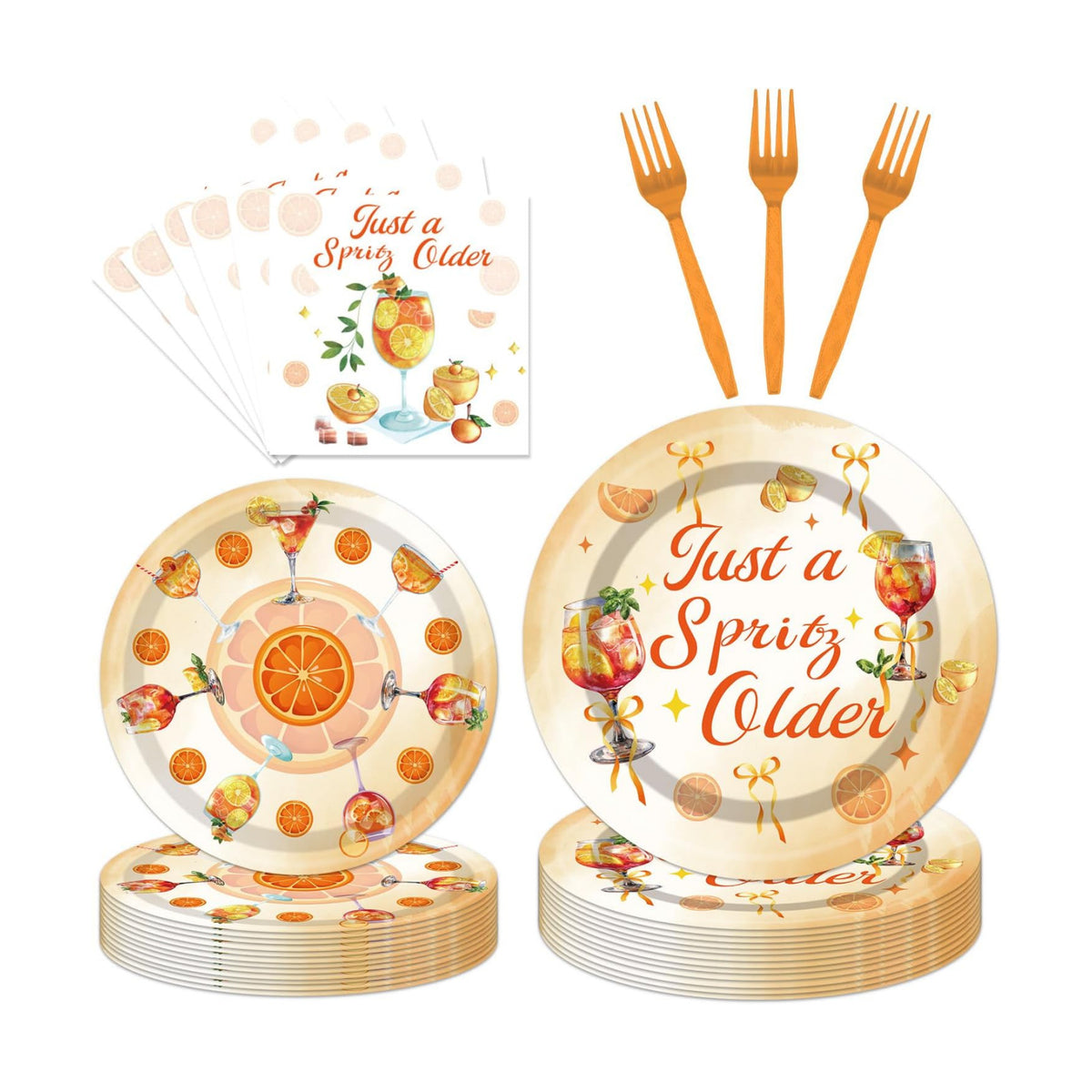 EUOYUFO 96Pcs Aperol Sprit Party Decorations Tableware Set Just A Spirity Older Paper Plates Napkins Forks Sprit Cocktail Birthday Bachelorette Bridal Shower Bar Theme Party Supplies Serve 24 Guests