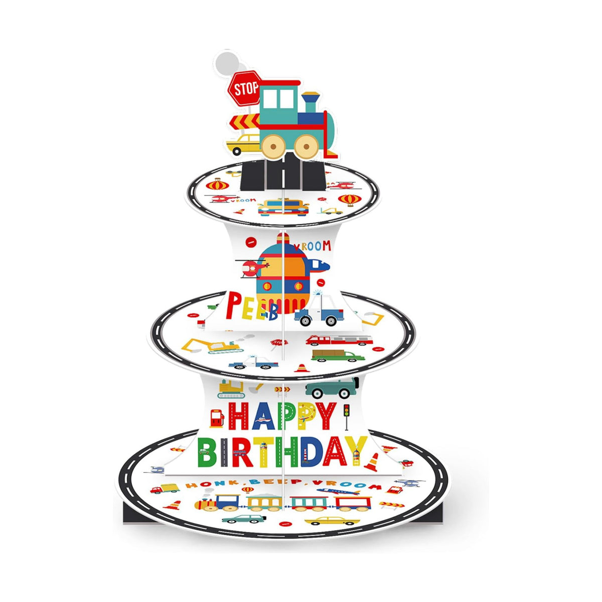 3 Tier Transportation Themed Cupcake Stand with Topper Train Birthday Decorations Boy Birthday Decorations Party Favors Cars Construction Plane Decor Chugga Chugga Two Two Party Supplies 2nd 3rd 4th