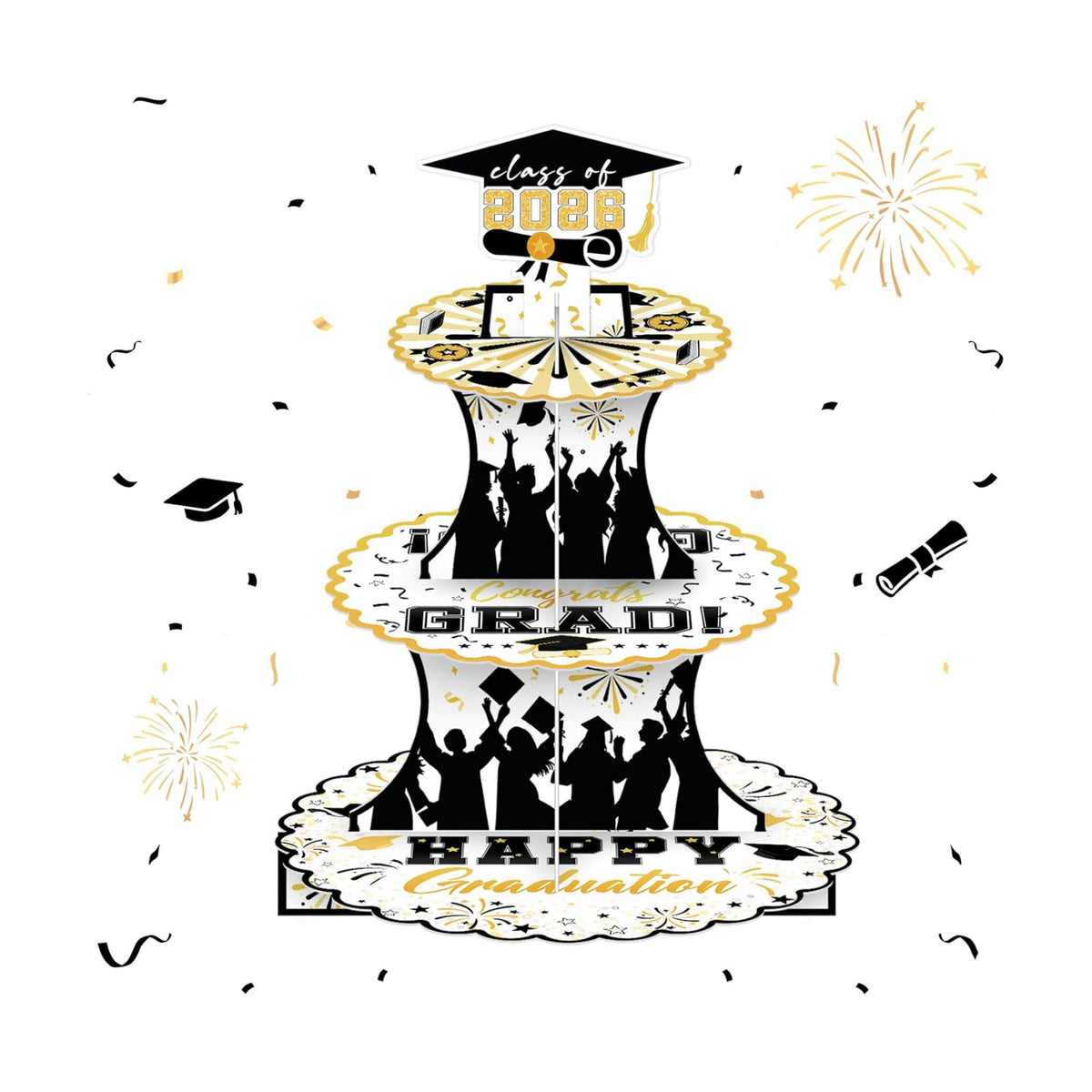 Graduation Decorations 2026 Graduation Cupcake Stand Cake Topper for 50 Cupcakes Class of 2026 Party Supplies Decor Grad Party Cap Tower Topper Table Decorations for Law Master High School Black Gold