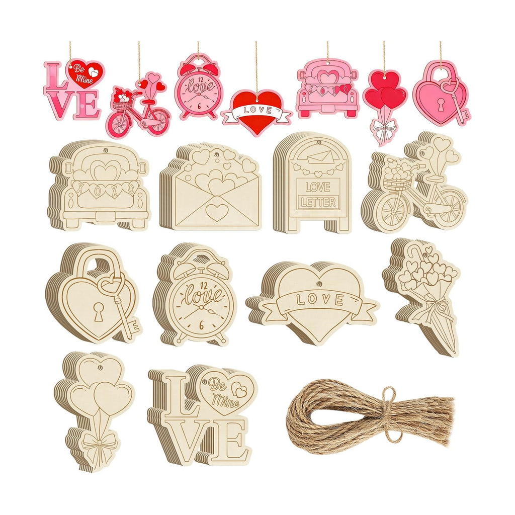 80PCS Wooden Heart Ornaments to Paint Valentine's Day Craft,10 Styles DIY Blank Unfinished Wood Heart Cutouts Ornament for Crafts Spring Tree Hanging Decorations Love