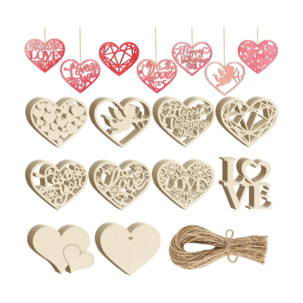 80PCS Wooden Heart Ornaments to Paint Valentine's Day Craft,10 Styles DIY Blank Unfinished Wood Heart Cutouts Ornament for Crafts Spring Tree Hanging Decorations Love