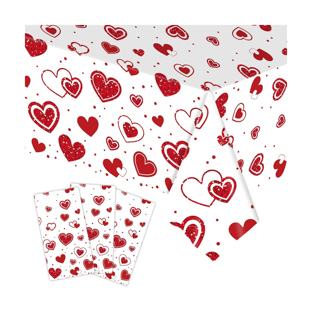 3-Piece 54 x 108 Inch Valentine’s Day Plastic Tablecloth – Red Heart Disposable Rectangle Table Covers for Romantic Dinner, Wedding Shower, Anniversary Party, and Valentine Decorations