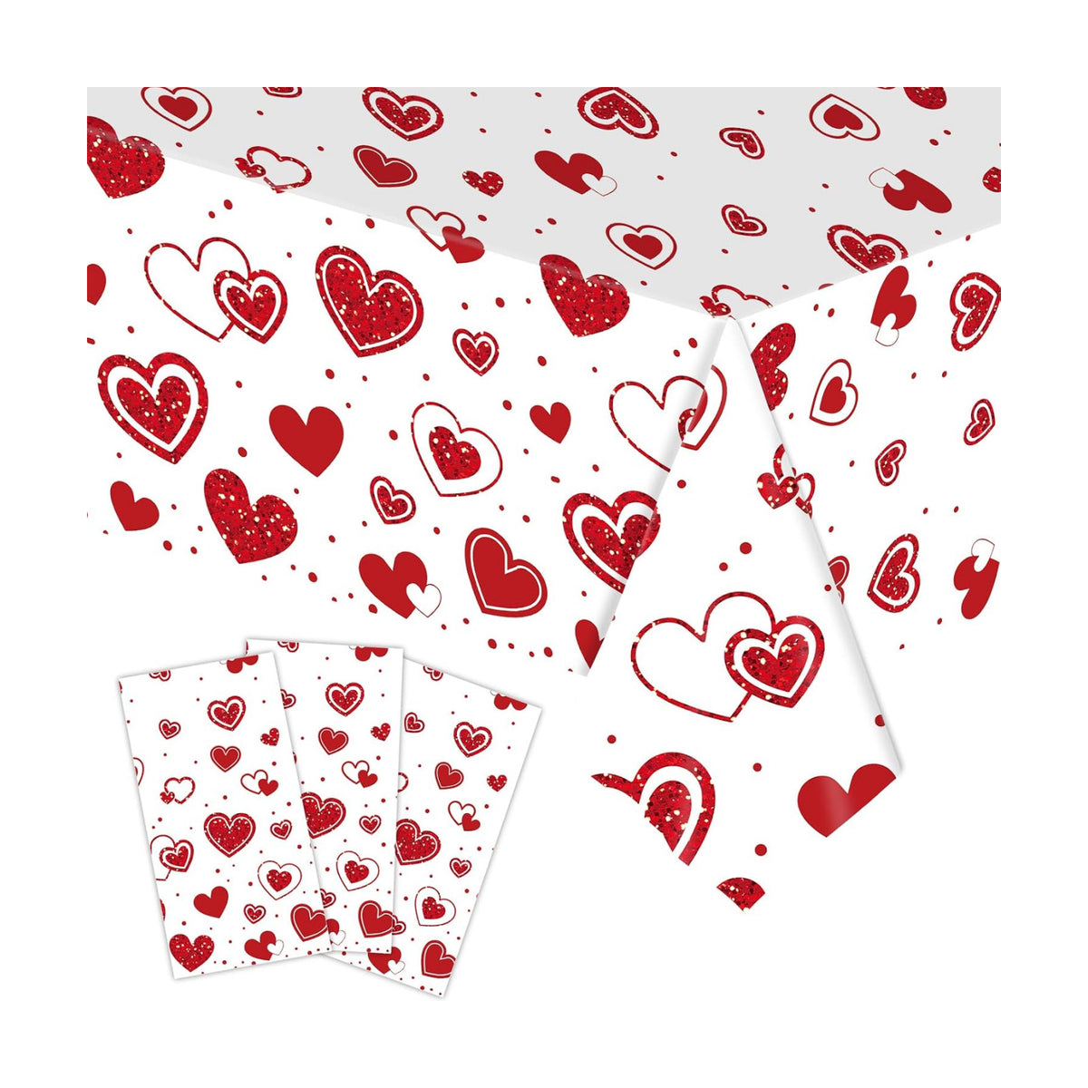 3-Piece 54 x 108 Inch Valentine’s Day Plastic Tablecloth – Red Heart Disposable Rectangle Table Covers for Romantic Dinner, Wedding Shower, Anniversary Party, and Valentine Decorations