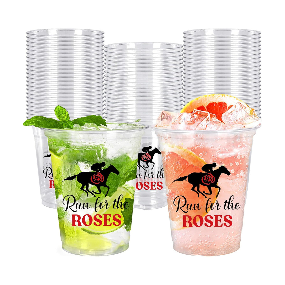 Whaline 50 Pcs 12 Oz Derby Disposable Cup Run for Roses Plastic Party Cup Clear Glasses for Coffee Juice Drink Decorations Party Supplies