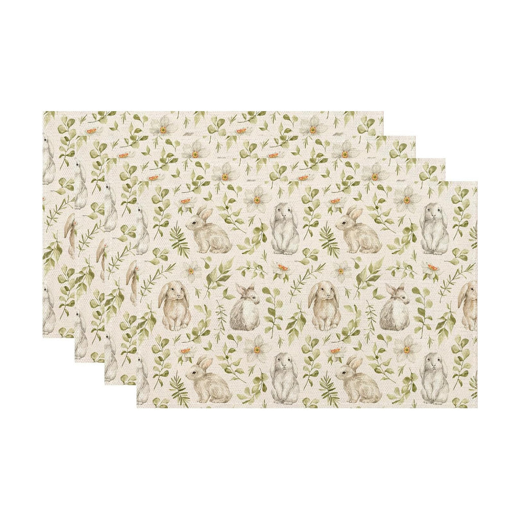 Spring Place mats Set of 4,12x18 Inches Green Rabbit Floral Leaves Placemats Rectangle Easter Decor Bunny Flower Table Mats for Party Home Kitchen Dining Table Decoration