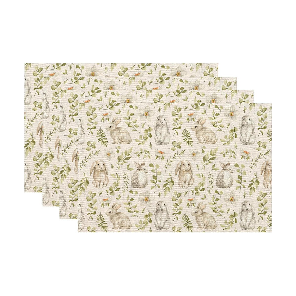 Spring Place mats Set of 4,12x18 Inches Green Rabbit Floral Leaves Placemats Rectangle Easter Decor Bunny Flower Table Mats for Party Home Kitchen Dining Table Decoration