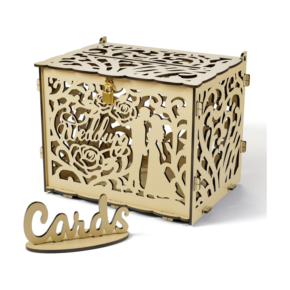 Jolik Rustic Wedding Card Box with Sign, Locking Gift Collection Money Holder for Wedding Reception & Party Decor, Gift Card & Envelope Storage, Anniversary & Birthday Party Decoration (Yellow)