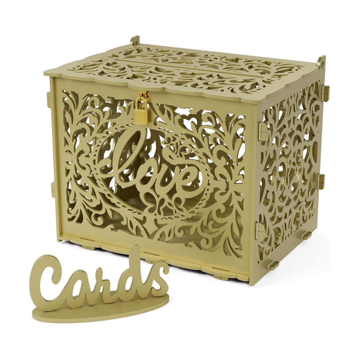 Jolik DIY Wedding Card Box, Large Rustic Locking Money Box Holder for Wedding Reception, Gift Card & Envelope Storage, Anniversary & Birthday Party Decoration (Gold)