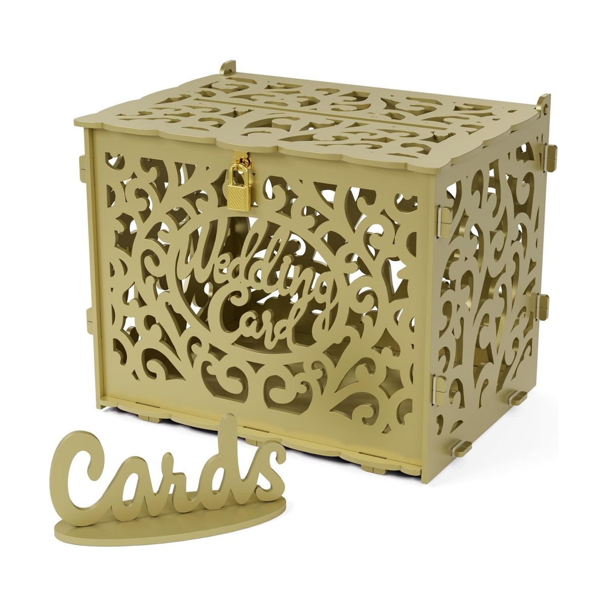 Jolik Wedding Card Box with Sign, Large Rustic Locking Money Box Holder for Wedding Reception, Gift Card & Envelope Storage, DIY Anniversary & Birthday Party Decoration (Gold)