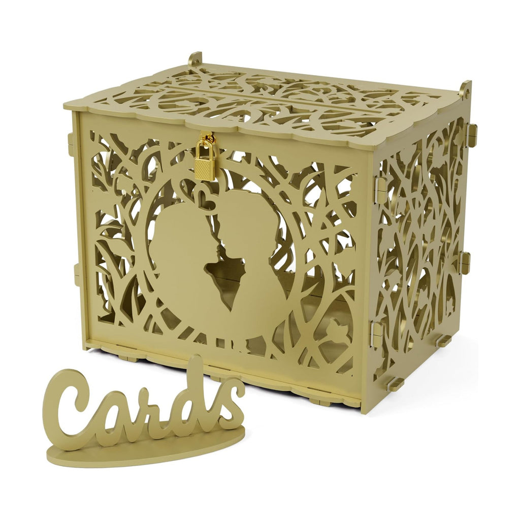 Jolik Wedding Card Box with Sign – Large Rustic Wedding Money Box Holder, DIY Envelop Gift Card Shadow Boxes for Wedding Reception, Anniversary, Graduation, and Birthday Parties (Gold)
