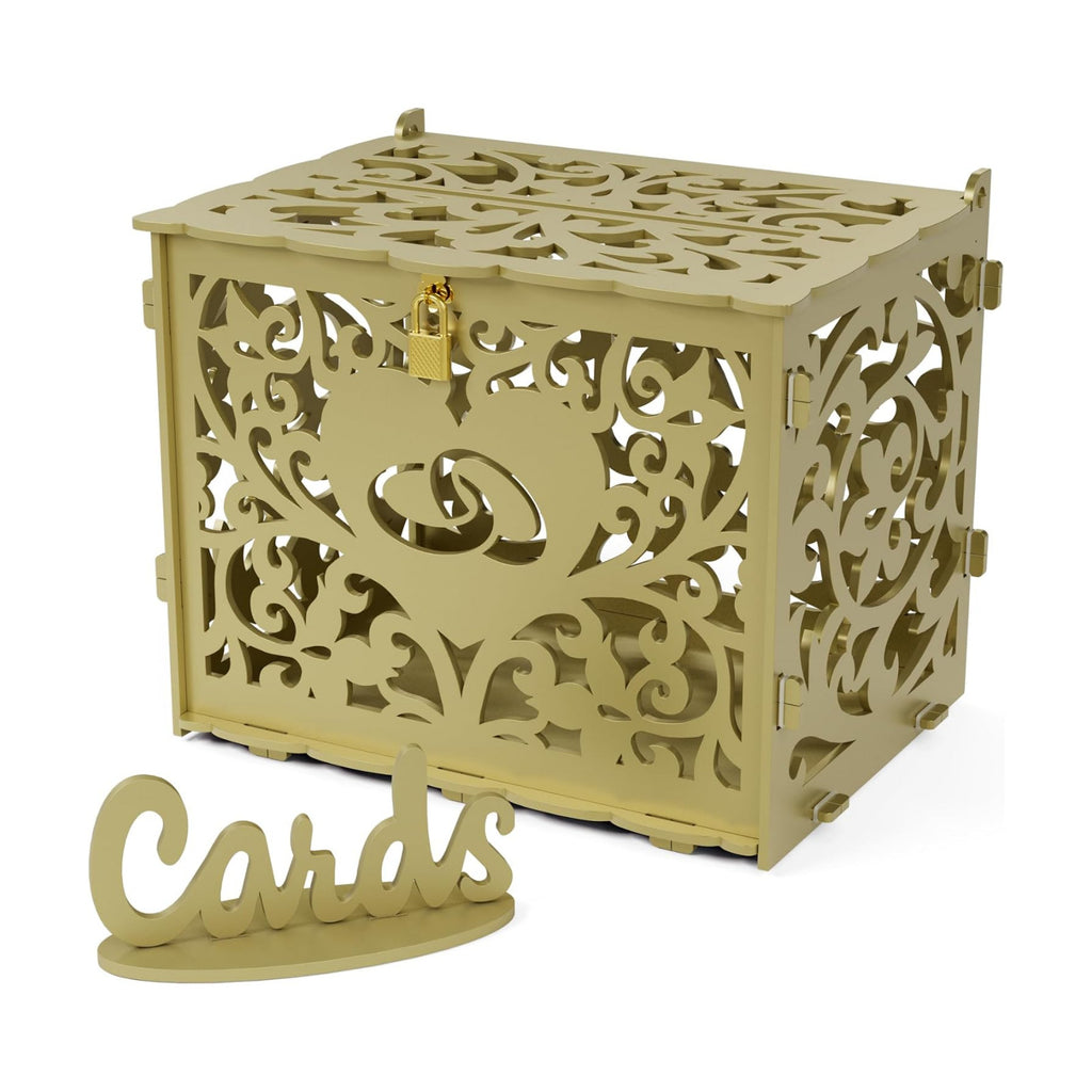 Jolik DIY Wedding Card Box with Lock, Large Money Box Holder with Card Sign for Wedding Reception, Gift Card & Envelope Storage, Anniversary & Birthday Party Decoration (Gold)