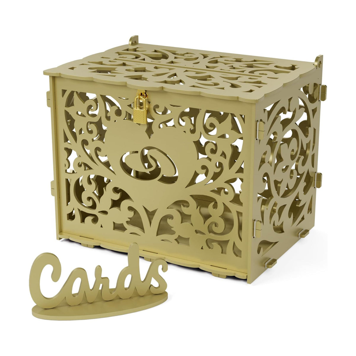 Jolik DIY Wedding Card Box with Lock, Large Money Box Holder with Card Sign for Wedding Reception, Gift Card & Envelope Storage, Anniversary & Birthday Party Decoration (Gold)