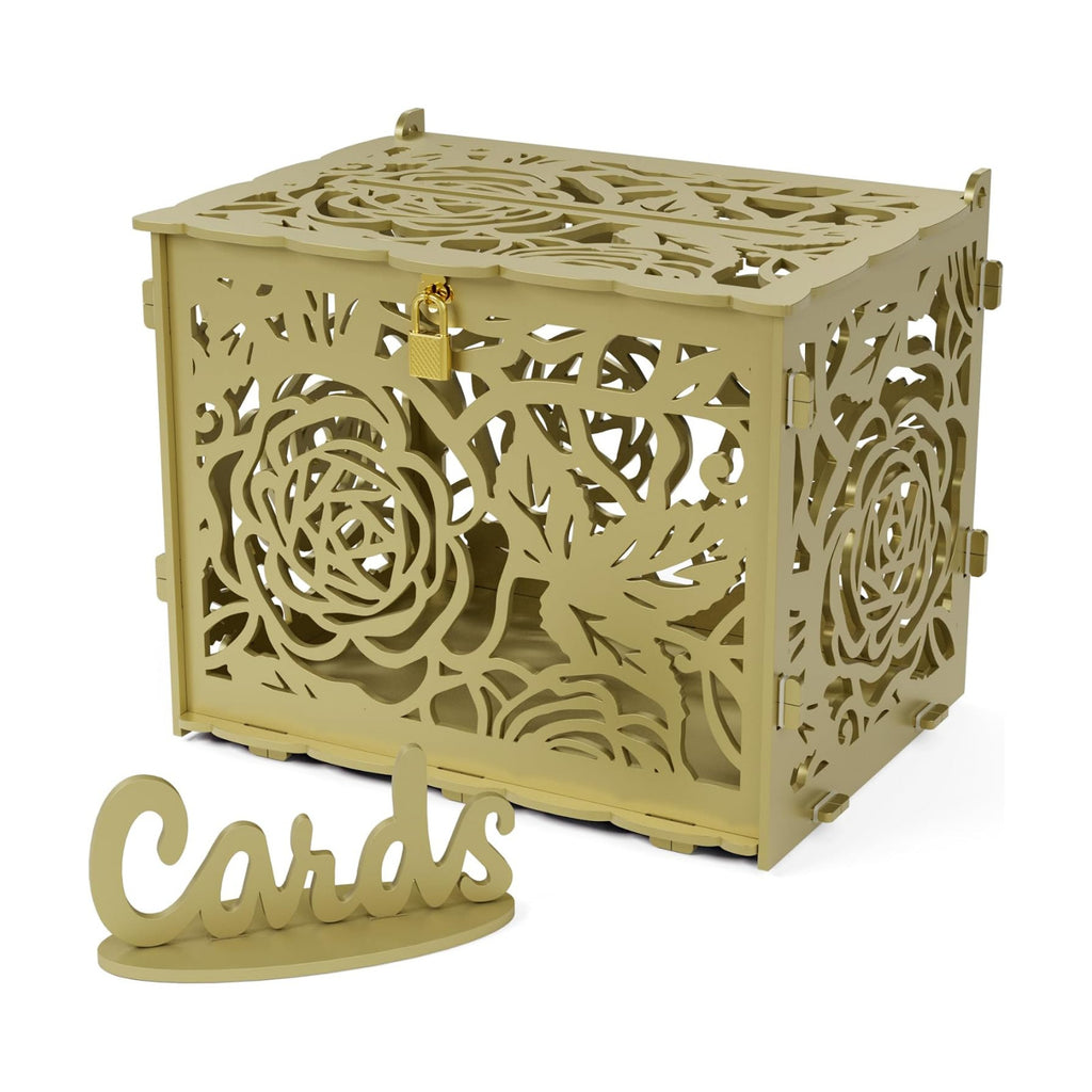 Jolik DIY Wedding Card Box, Large Rustic Locking Money Box Holder for Wedding Reception, Gift Card & Envelope Storage, Anniversary & Birthday Party Decoration, Bridal or Baby Showers (Gold)