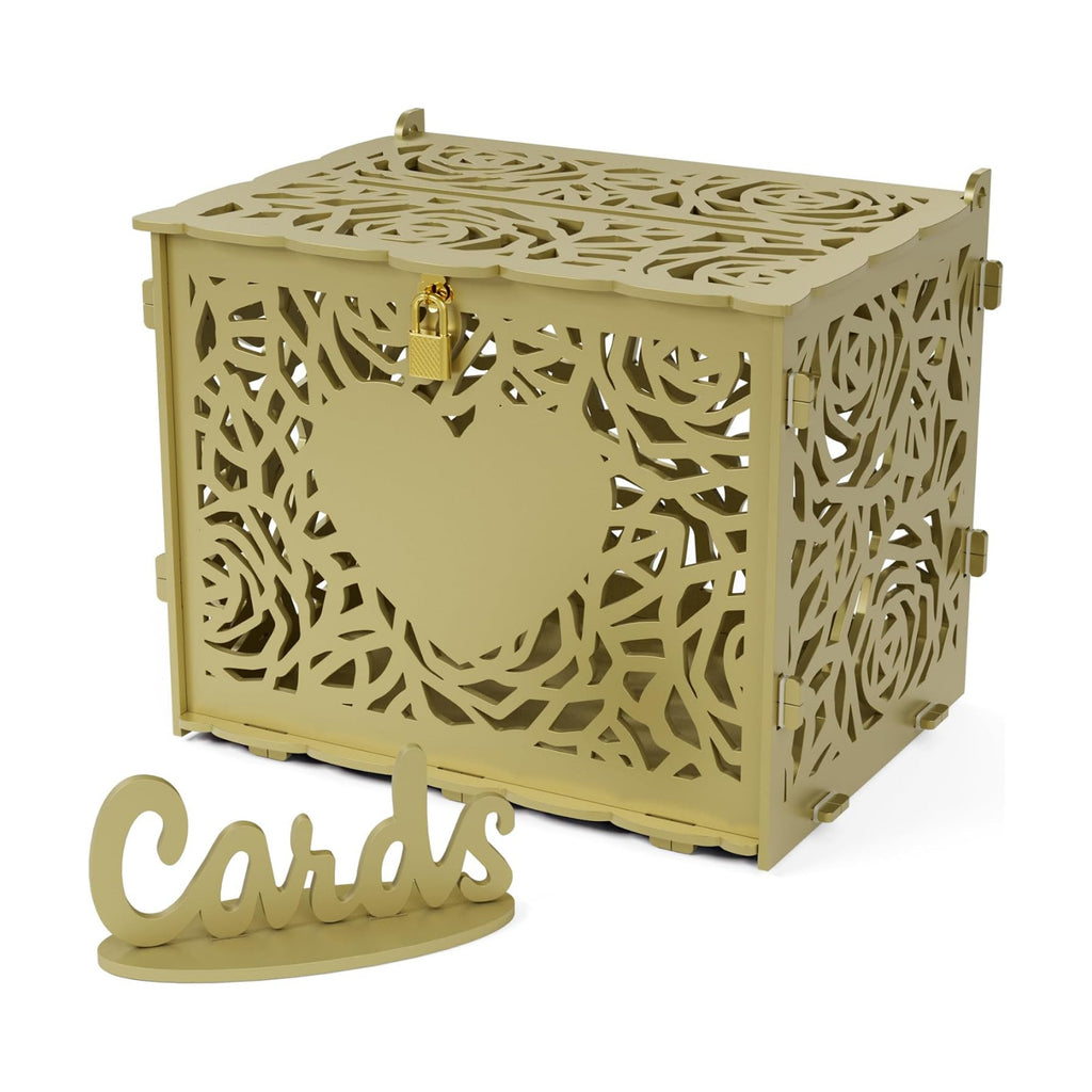 Jolik Love Wedding Card Box with Sign, Large Rustic Locking Money Box Holder for Wedding Reception, Gift Card & Envelope Storage, DIY Anniversary & Birthday Party Decoration (Gold)