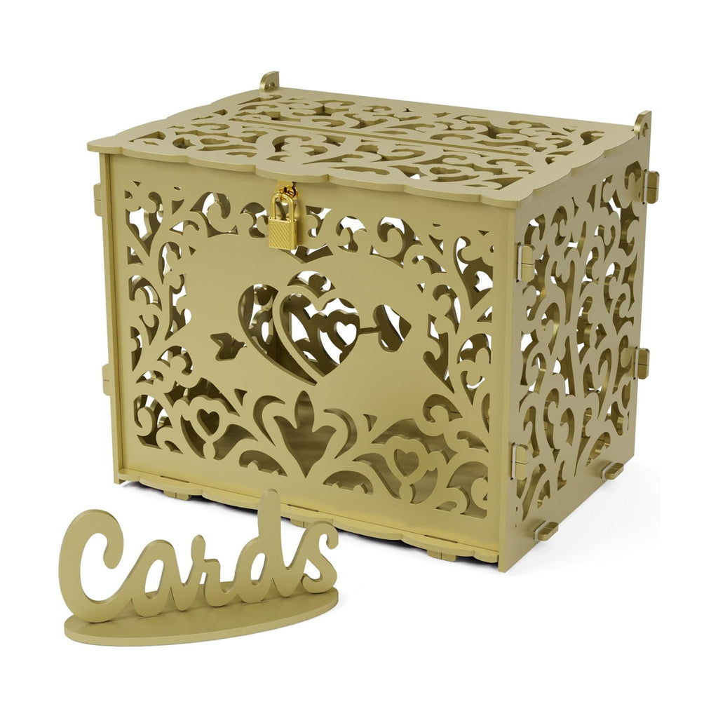 Jolik Wedding Card Box With Sign, Large DIY Locking Money Box Holder for Wedding Reception, Gift Card & Envelope Storage, Anniversary & Birthday Party Decoration, Bridal Party Box (Gold)