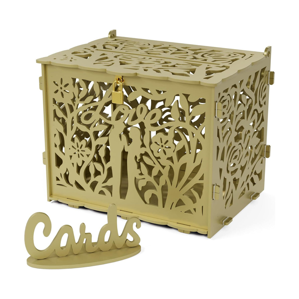 Jolik Bride and Groom Wedding Card Box with Sign, Large Rustic Locking Money Box Holder for Wedding Reception, Gift Card & Envelope Storage, DIY Anniversary & Birthday Party Decoration(Gold)