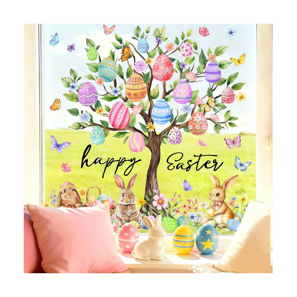 Whaline 6 Sheet Easter Window Clings Window Decal Large Bunny Rabbit Egg Tree Reusable Anti-Collision Windows Decor for Spring Holiday Home Classroom Office Party Supplies