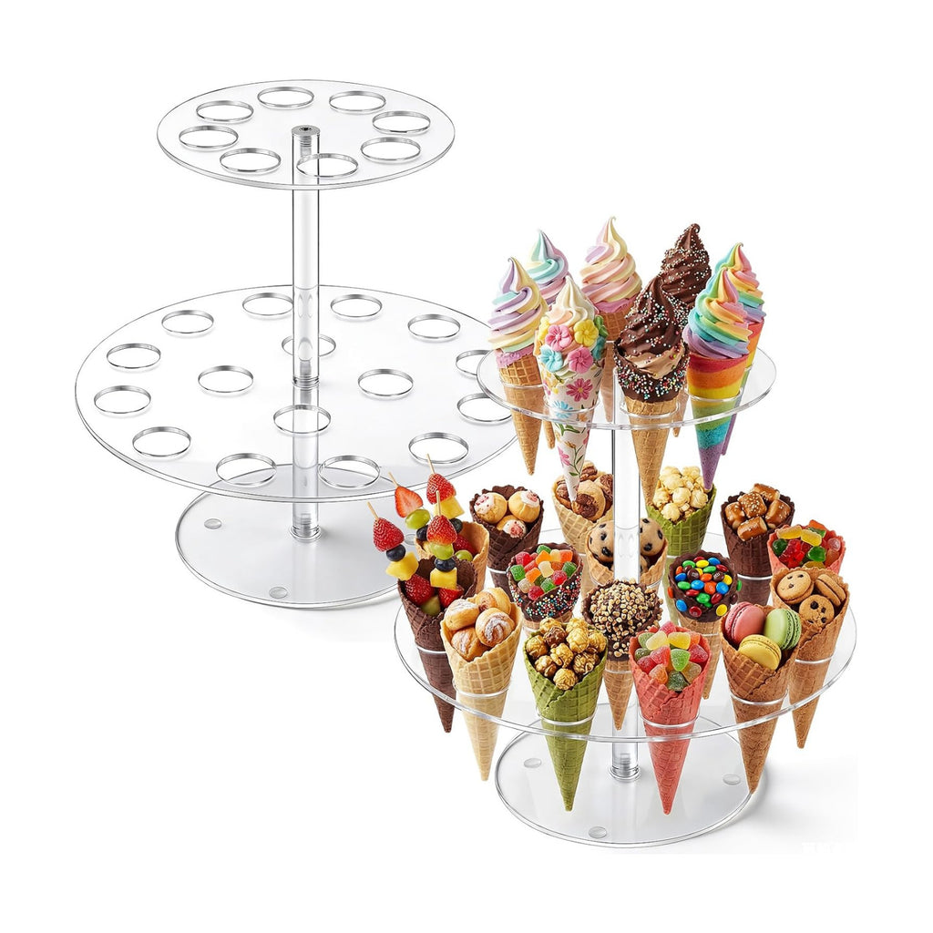 FoldTier 2 Pack Acrylic Ice Cream Cone Holder Stand, 2 Tier with 24 Holes