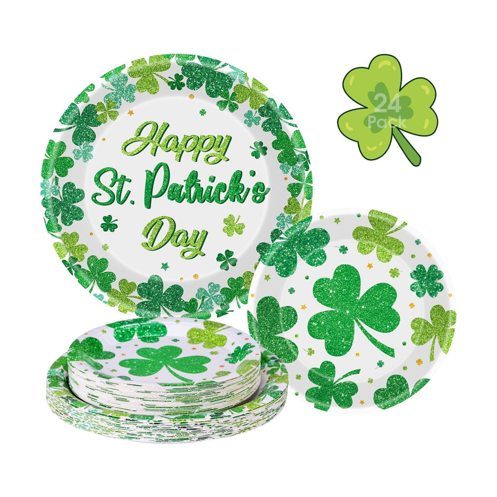 Litmitfu 24 Pcs Happy St Patricks Day Plates Set - Disposable Green Shamrock Paper Plate, Irish Round Dinner Dessert Plate Dinnerware Kit for St Patrick's Day Party Decorations Supplies Table Decor