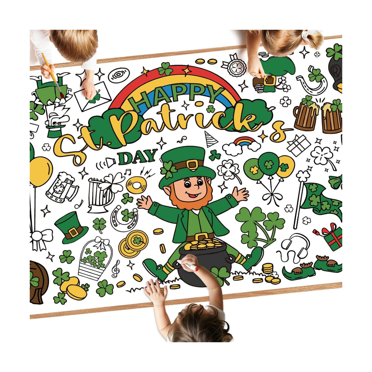 Giant St Patricks Day Coloring Poster - Large Happy St Patrick's Day Coloring Tablecloth, Jumbo Shamrock Paper Table Cloth Banner for Saint Patricks Gifts Activities Party Favors Crafts, 30 x 72 Inch
