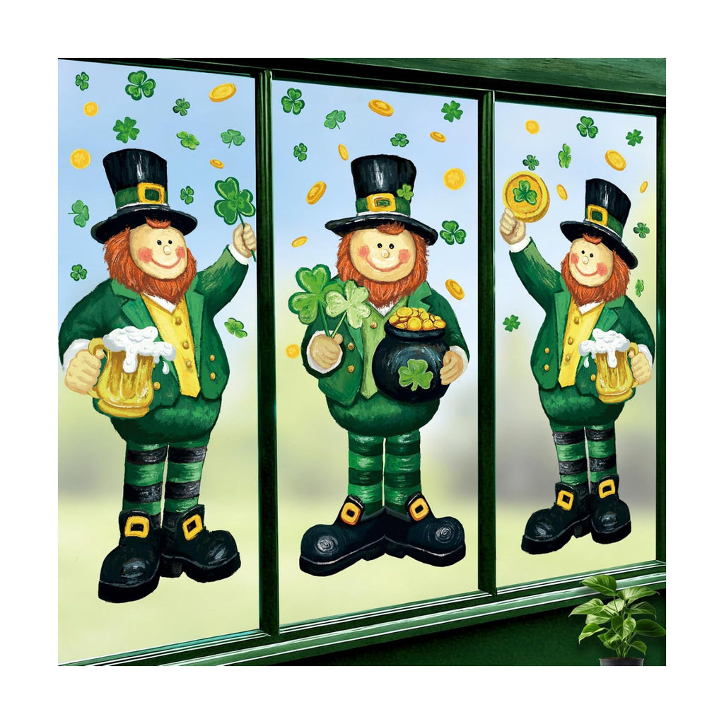 3 Sheets Extra Large St Patrick's Day Leprechaun Window Cling Stickers 13.4X34.6 inch, Green Shamrock Irish Style Window Decals Double Sided for Home Office Spring Party Decoration