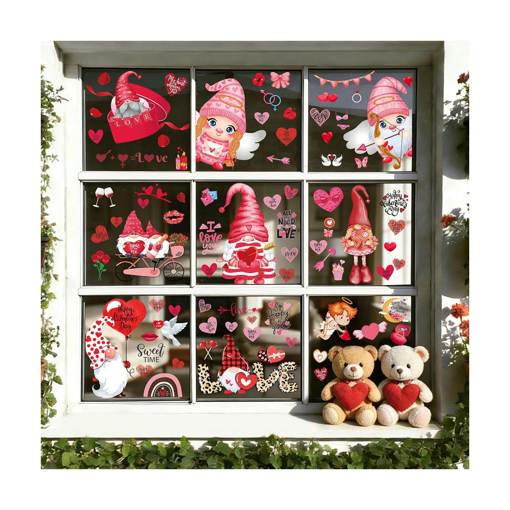 9 Sheets Valentines Day Window Clings Decor: Double-Sided Gnome Window Stickers, Cute Heart & Love Static Cling Decals, Reusable Valentine Decorations for Home School Office Party and Store