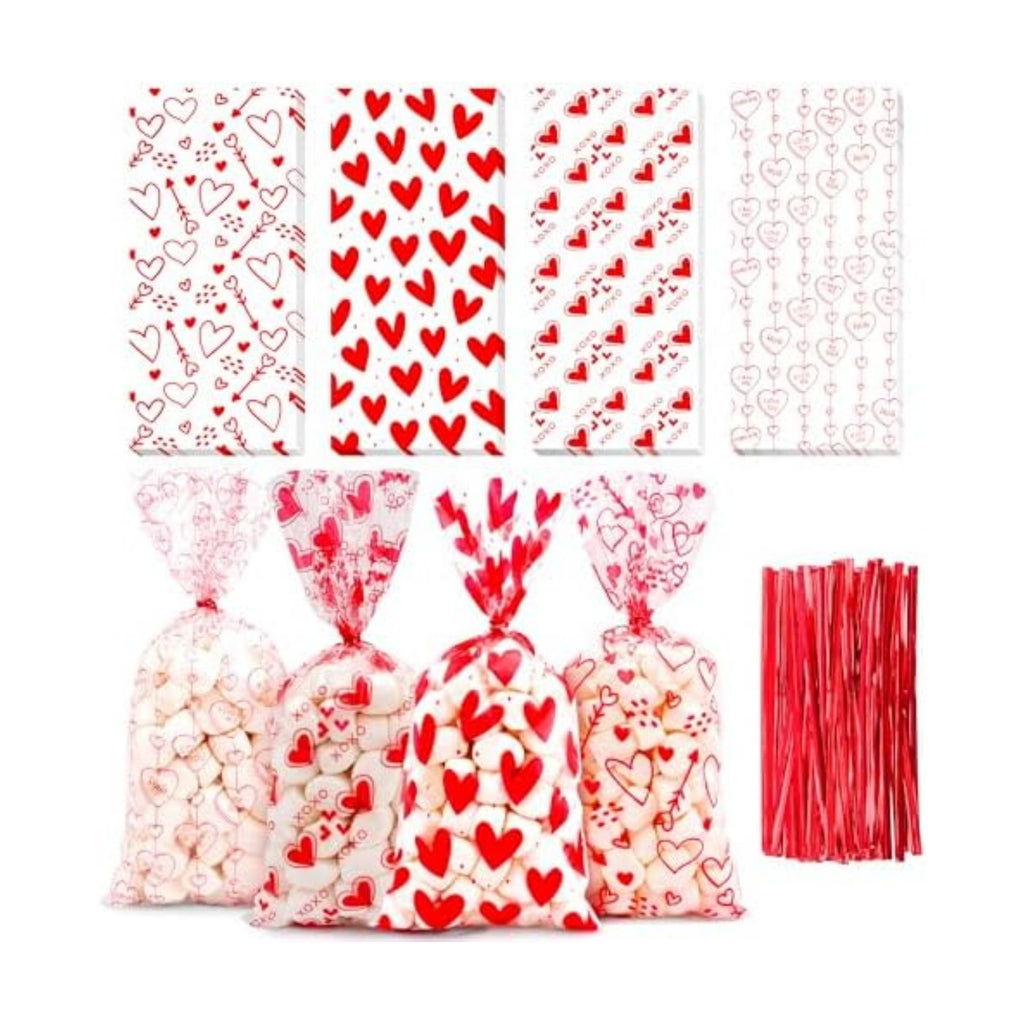 Valentines Cellophane Bags, Valentines Gift Bag, Valentine Treat Bags, Plastic Clear Red Valentine's Candy Cookie Goodie Snack Bag with Twist Ties for Valentines Day Wedding Party Favor Supplies,50 Pcs