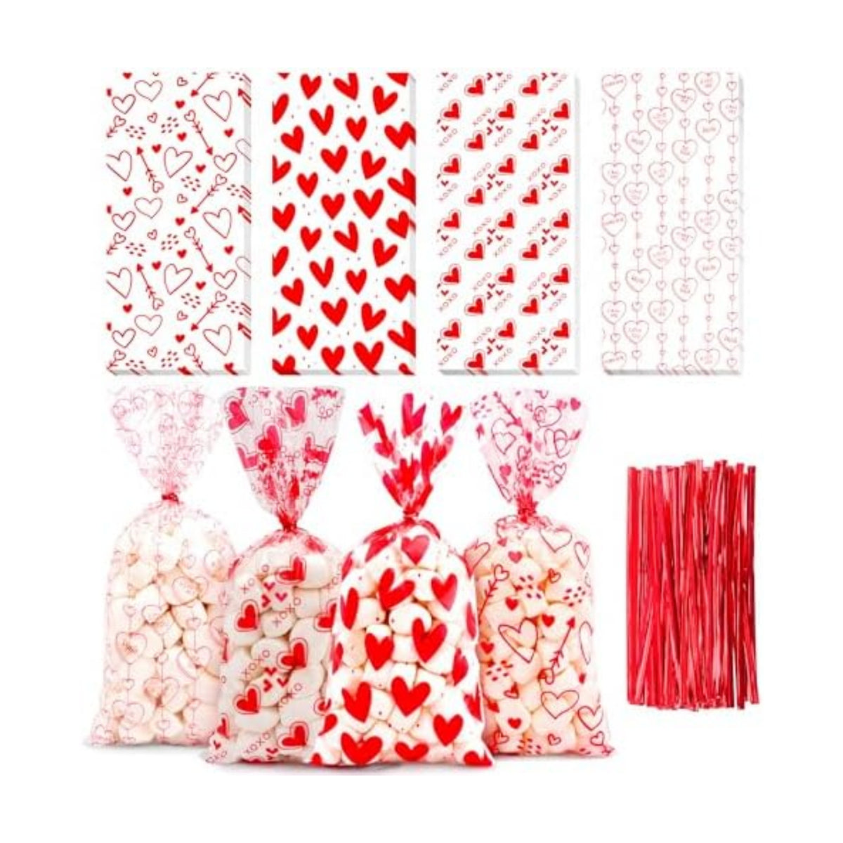 Valentines Cellophane Bags, Valentines Gift Bag, Valentine Treat Bags, Plastic Clear Red Valentine's Candy Cookie Goodie Snack Bag with Twist Ties for Valentines Day Wedding Party Favor Supplies,50 Pcs