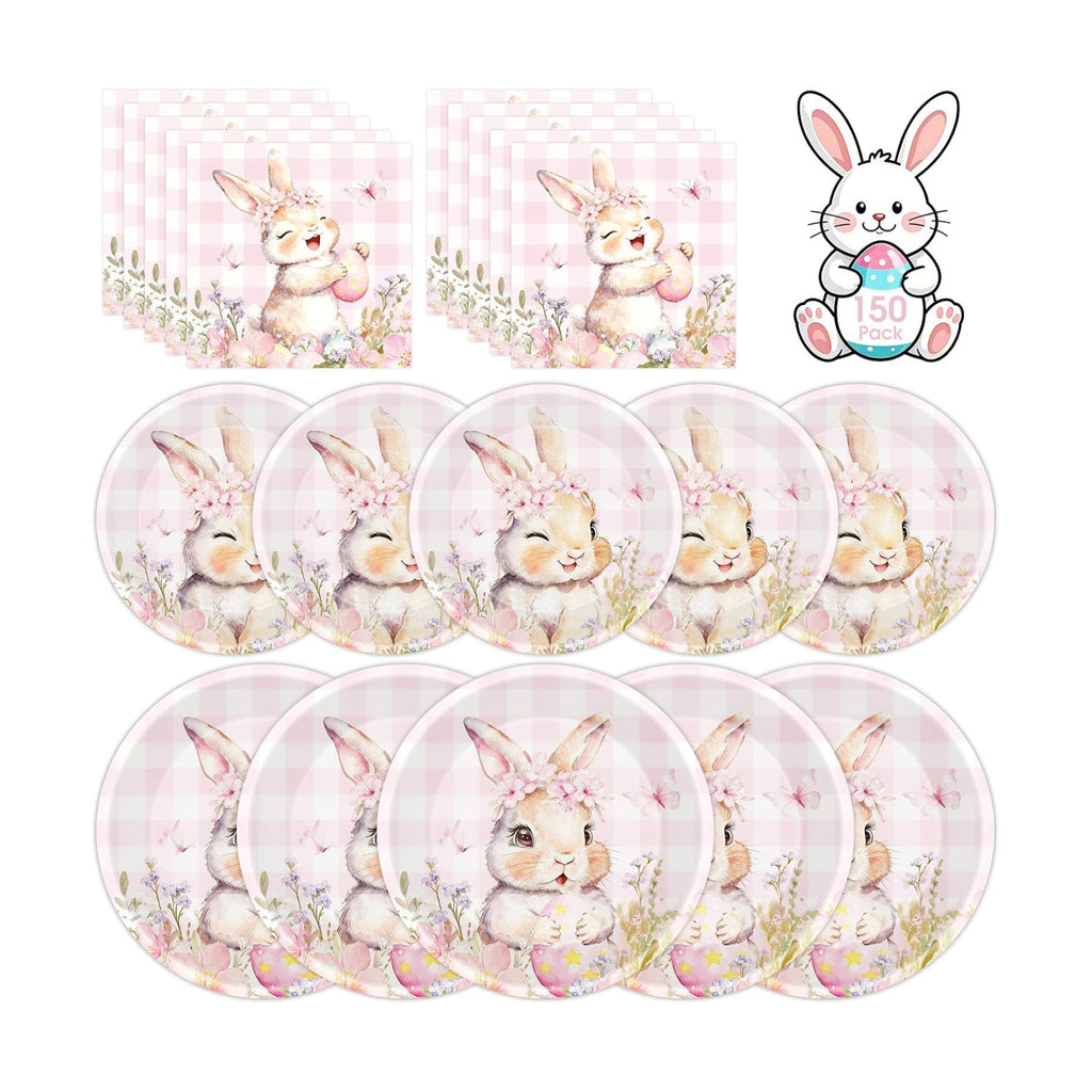 150 Pcs Easter Paper Plates and Napkins Sets Party Supplies - Disposable Cute Pink Plaid Easter Bunny Eggs Dinner Plate Napkin Paper Tableware for Spring Easter Table Decorations Party Supply,Serve 50