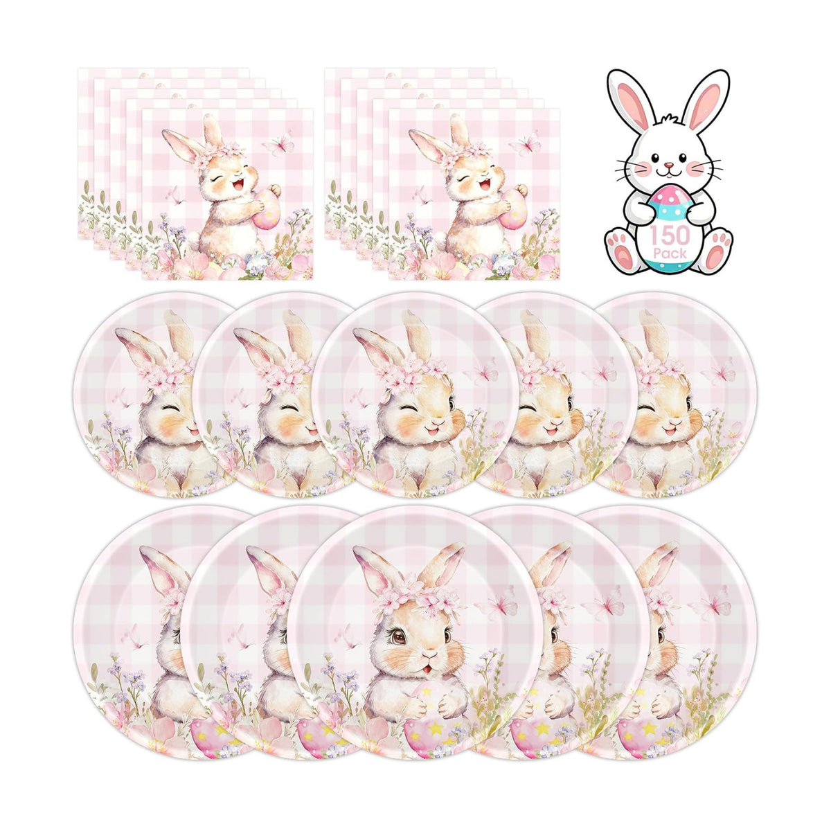 150 Pcs Easter Paper Plates and Napkins Sets Party Supplies - Disposable Cute Pink Plaid Easter Bunny Eggs Dinner Plate Napkin Paper Tableware for Spring Easter Table Decorations Party Supply,Serve 50