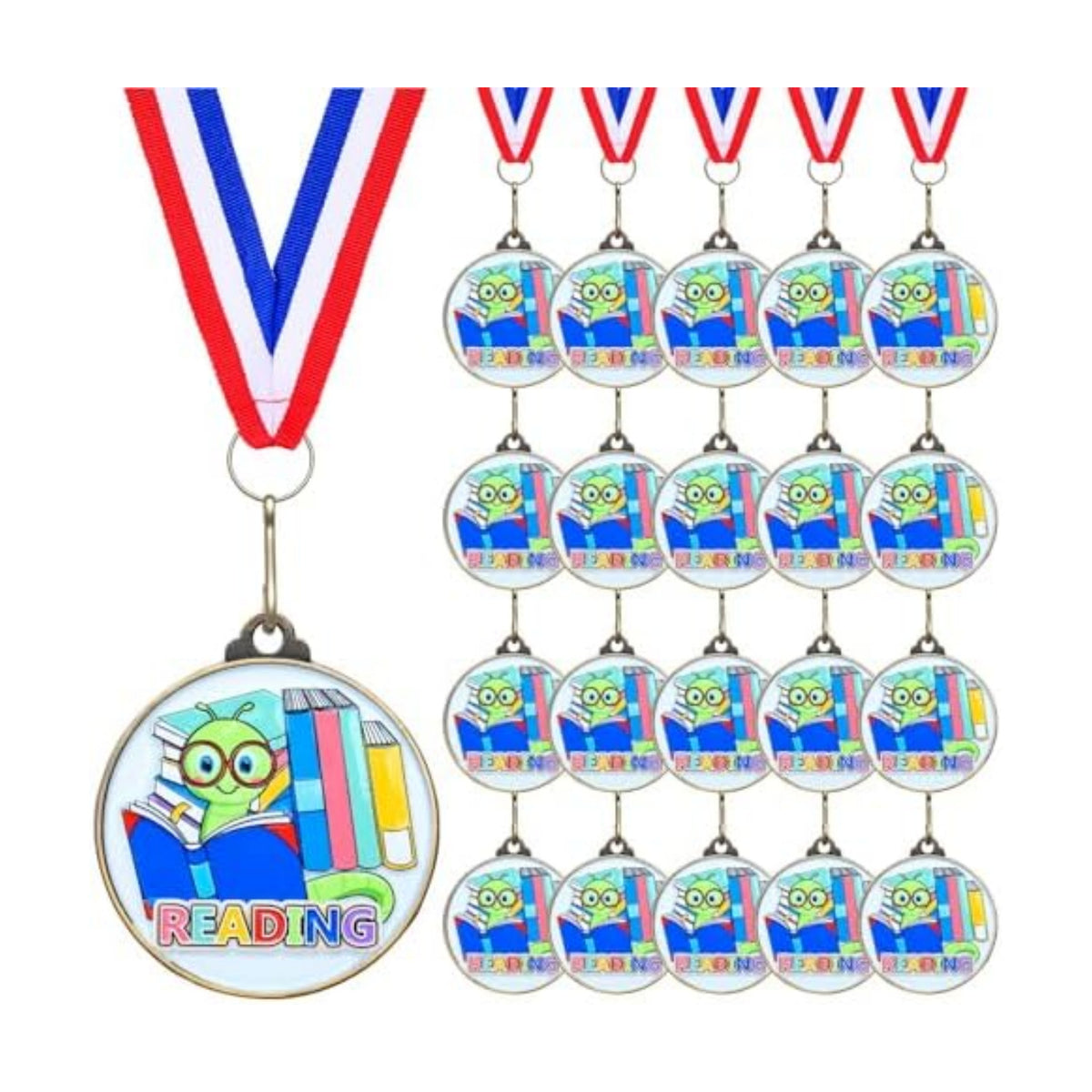 20 Pcs Reading Medals Bulk 2'' Book Worm Reading Award Medals with Neck Ribbon Trophy Prizes Winner Gift for School Classroom Students Teaching Competitions Supplies
