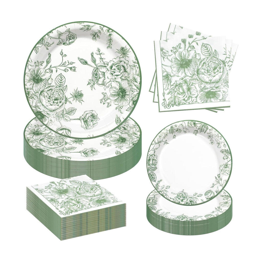 Sage Green Floral Plates and Napkins Party Supplies,Serve 60 Guests