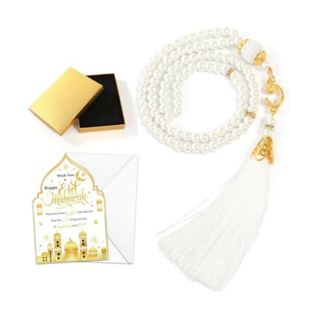 HOWAF Eid Gifts Set with Mosque Shape Card & Prayer Beads, Ramadan Mubarak Greeting Card with Envelope and Ramadan & Eid Pearl Zikirmatic Beads with Box, Islamic Present for Women, Muslim Celebration Gift Set