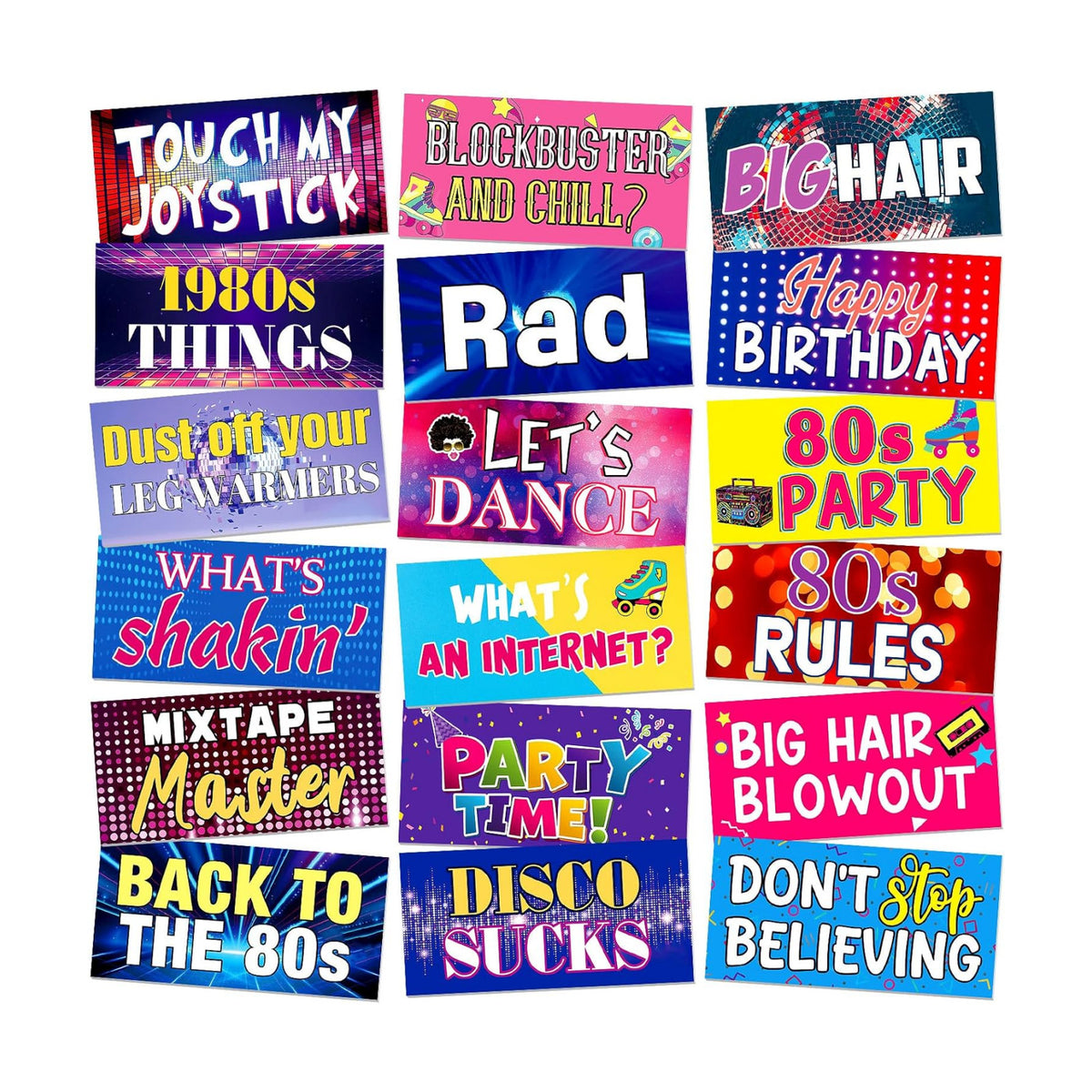 Beeveer 24 Designs 80s Photo Booth Props, 1980s Double Sided PVC Signs