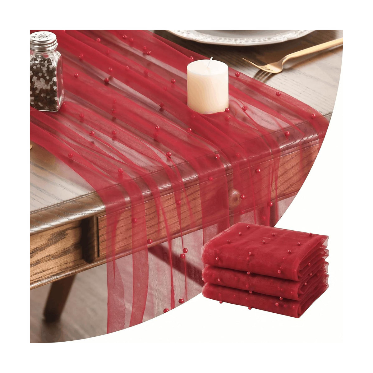 Artoid Mode 3-Pack Pearl Red Gauze Table Runner 10FT Home Decor