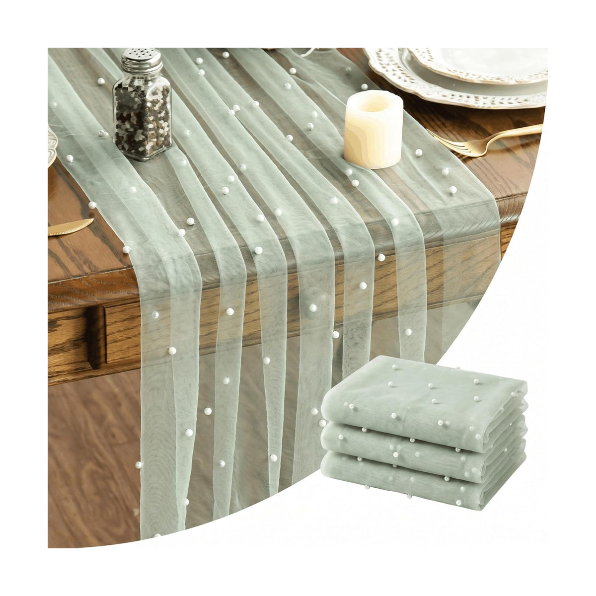 Artoid Mode 3-Pack Pearl Sage Green Gauze Table Runner 10FT Home Decor